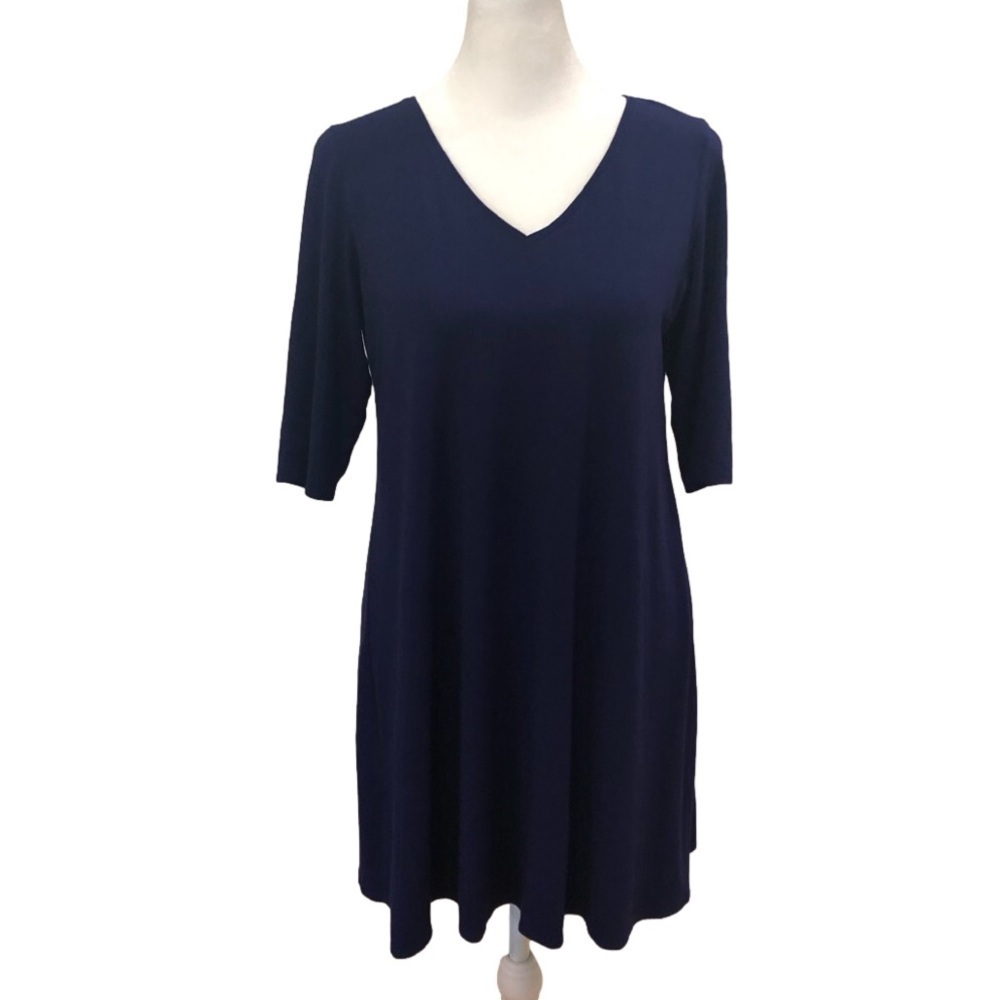 EILEEN Fisher Size S/P tunic/mini dress v-neck elbow length sleeve blue viscose
